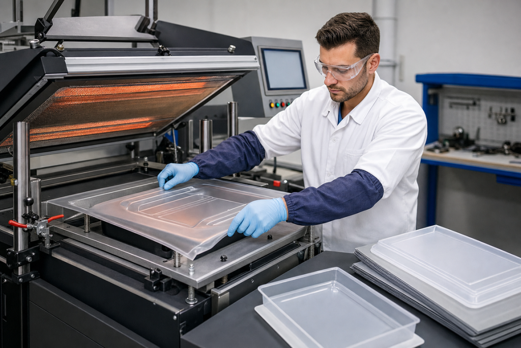 thermoforming services technician using pressure forming machine